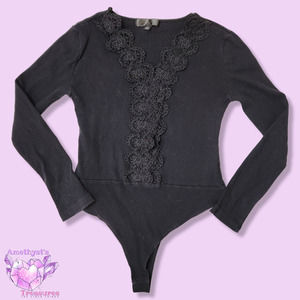 ORANGE kiss bodysuit large woman's black lace one piece long sleeve